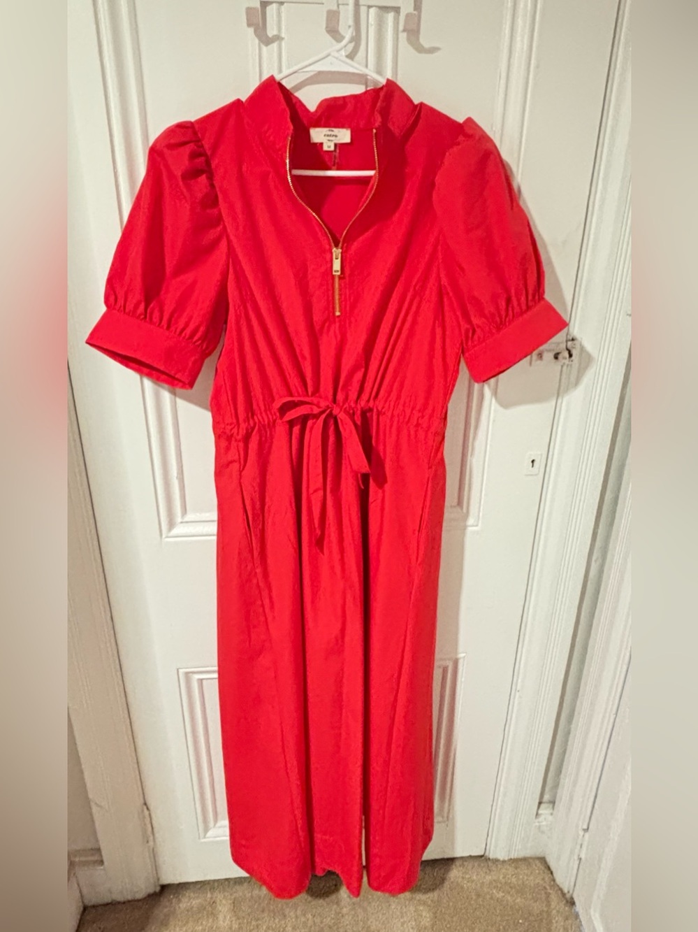 entro Red Puff-Sleeve Tie-Waist Maxi Dress with Zip